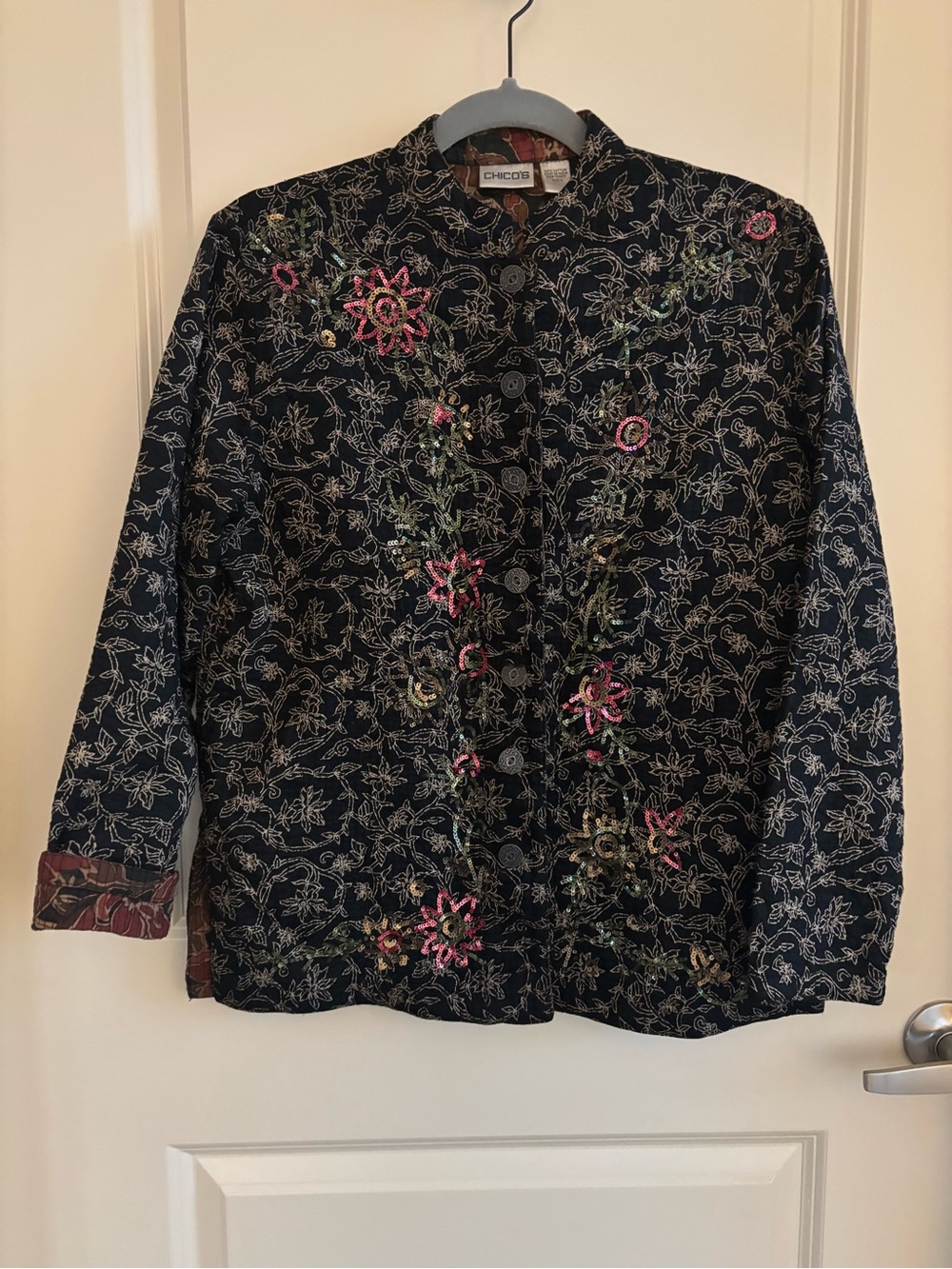 Chico's Black Floral Embroidered and Sequined Blazer Jacket